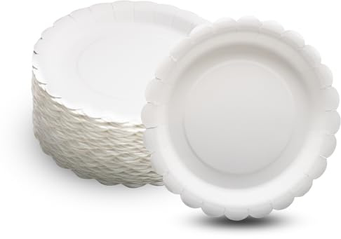 Pappteller 100 Stück, Einwegteller, Biologisch Abbaubar, Geeignet für Partys, Grillabende, Kindergeburtstage, Hochzeiten, Picknicks und andere Veranstaltungen, Robuste 250 g/m²(weiß,Blumenform)