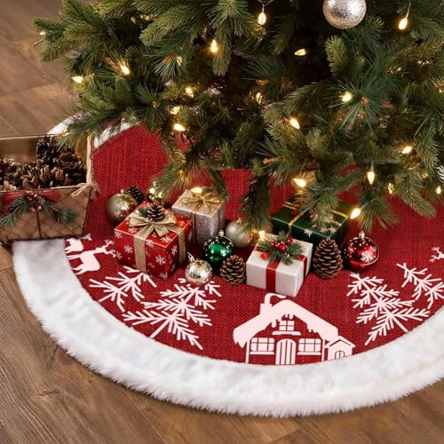 VOPIWOZ Weihnachtsbaumdecke Rund 120cm, Weihnachtsbaum Decke Rot Weiß, Weihnachtsbaumständer Abdeckung mit Schneeflocken und Rentieren, für Weihnachtsfeier Deko Weihnachtsbaum Deko