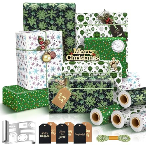 4 Rollen Geschenkpapier Weihnachten, Weihnachtsgeschenkpapier Set mit Aufklebern Anhänger, 43cm x 3m Weihnachts Weihnachtspapier Geschenkpapier, Geschenk Papier Weihnachten Kinder, Natur Edel