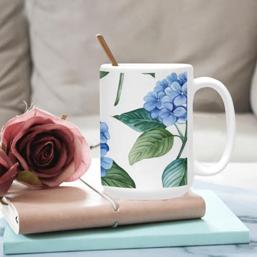 qenuh Blue Hydrangea Flower Leaves Ceramic Mugs Coffee Cup Smooth Glaze Finish 15 oz Classic Tea Cup for Hot Drinks, Office/Home Use