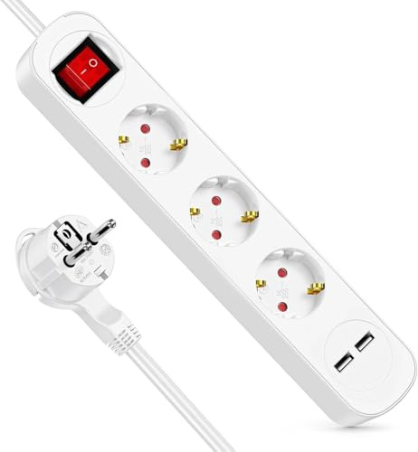 5-in-1 Steckdosenleiste mit 3 AC Steckdosen & 2 USB-A, 3M Kabel Flacher Stecker Überlastschutz Wandmontage Mehrfachstecker für Zuhause, Büro & Reisen Kompatibel