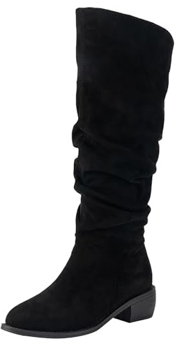 Botas holgadas de rodilla alta para mujer, ante negro, zapatos de tacón bajo con costuras planas y características: Botas Welly, Black, 39 EU