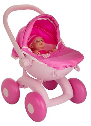 Baby Boo My First 4-in-1 Pram | Toddler’s Baby Doll Pushchair, Carry Cot & Stroller | Toy Pram with Adjustable Features for Dolls up to 36cm – Kids Role Play Buggy (Pink)