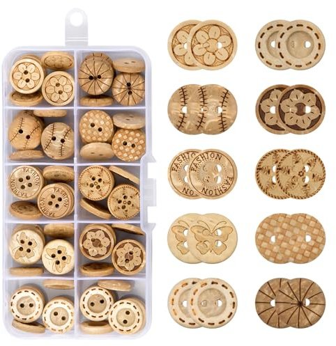 100 Pièces Boutons en Bois, 2/4 Trous Naturel Boutons en Coco, Rondes Bouton Rétro, 15mm Fait à la Main Bouton pour Bricolage DIY, Différents Modèles