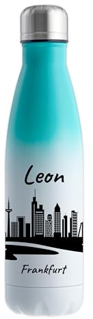 Gravur-Max Trinkflasche Edelstahl 500 ml personalisiert – doppelwandige Thermosflasche 13 h warm & 24 h kalt – auslaufsicher & mit Skyline von Frankfurt & Wunschname bedruckt - Weiß/Mint