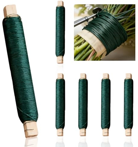MFUSUL Juego de 6 hilos de flores verdes de 0,70 mm x 35 m en carrete de madera, alambre estable para manualidades y bobinado para atar flores, plantas y jardinería