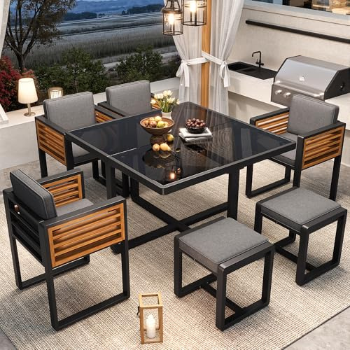 Idemon Juego de muebles de jardín, 6 sillas con mesa, muebles de terraza, muebles de balcón, juego para 6 personas, muebles de jardín, mesa de cristal
