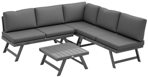 Outsunny Salon de Jardin Extérieur d'angle Convertible 4 Pièces Gris | 2 Banquettes, 1 Fauteuil, 1 Table Basse, Mobilier Aluminium et Acier, Terrasse Balcon