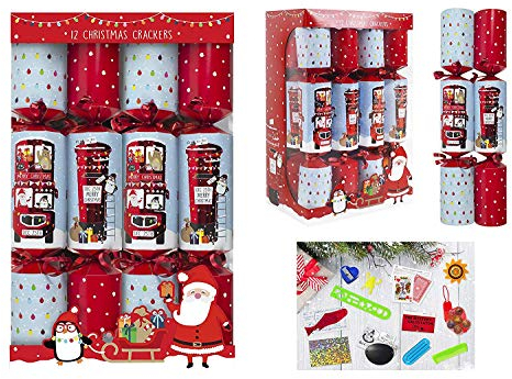 Toyland Packung mit 12 Weihnachtsgeschenken mit Briefkasten und rotem Bus Design – britisches Weihnachtsmotiv