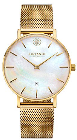 Kistanio Moyen Flache Damenuhr mit Edelstahl Milanaiseband Saphirglas 38 MM Durchmesser Edelstahl Datum Verschiedene Varianten