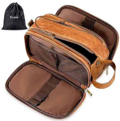 Elviros Water-Resistant PU Leather Toiletry Bag for Men Large Travel Wash Bag Shaving Dopp Kit Bathroom Gym Toiletries Makeup Organizer with Wet Dry Bag,Gift for Men (Brown)