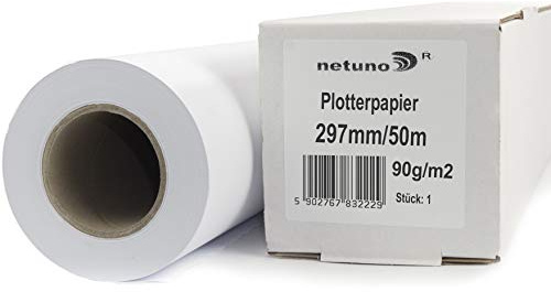 Netuno 1x White Plotter Paper roll 297mmx50m 90gsm core 50mm (2 inches) Universal Matte uncoated Offset Plotter Paper for Inkjet Printers photocopiers Photography CAD Print Design Plans Projects maps
