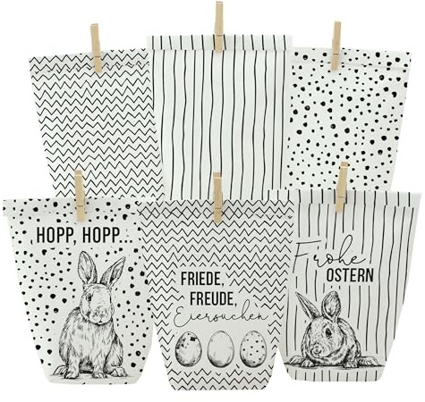 Papierdrachen 12 schwarz bedruckte Geschenktüten zu Ostern - weiße Tüten - Frohe Ostern - ideale Geschenkidee oder Oster Dekoration - mit Holzklammern | zum Basteln und Verschenken