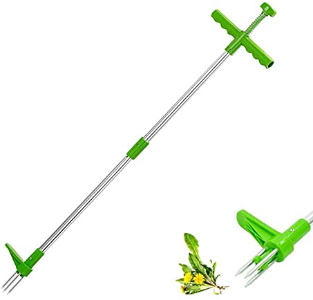 Unkrautstecher Teleskop, Unkrautentferner mit Stiel Höhenverstellbar 54-100cm Ohne Bücken, Im Stehen Edelstahl Dreizack Zum Drehen, für Entfernen Löwenzahn Disteln und Unkraut usw (Ohne Handschuhe)