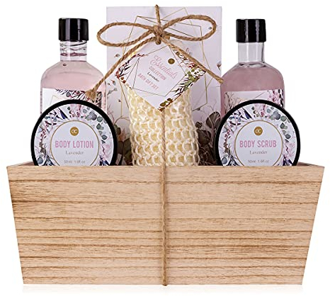 Accentra - set de ducha set de regalo para mujer LAVANDA en una cesta de madera, set de cuidado de 6 piezas con gel de ducha, baño de burbujas, sal de baño, loción corporal, set de regalo de bienestar
