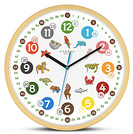 Cander Berlin MNU 2430 T Horloge murale pour enfant Motif animaux 30,5 cm Horloge d'apprentissage silencieuse analogique en bois Cadre en bois pour chambre d'enfant sans bruit de tic-tac pour garçon