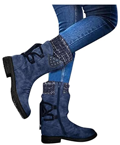Hbeylia Mid Calf Riding Boots For Women Girls Vintage Fashion Casual Knit Leather Splicing Round Toe Chunky Block Mid Heels Winter Snow Boots Boho Slouchy Warm Lace Up Dress Combat Boots For Ski