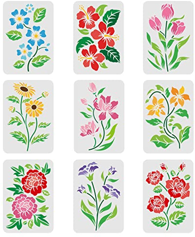 FINGERINSPIRE 9pcs Pochoirs Fleur pour Peinture 29.7x21cm - Modèle de Dessin Fleur & Feuilles Réutilisable DIY pour Peinture sur Bois, Sol, Mur et Carrelage