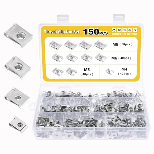 Gueenky 150 Pezzi Dadi a U per Auto Clip, M4 M5 M6 M8 Dadi per Carrozzeria Vite Tipo U di Fissaggio Dadi per Carrozzeria Moto Dadi a Clip di Tipo U Dadi e Clip per Carrozzeria