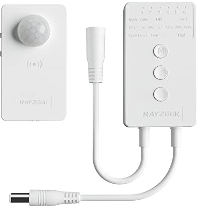 RAYZEEK Wireless Motion Sensor Controller Kit - No Wiring Mini PIR Sensor Switch 12/24VDC RF Wireless Control Led Strip Lights with Dimmable, Timer for Stairway