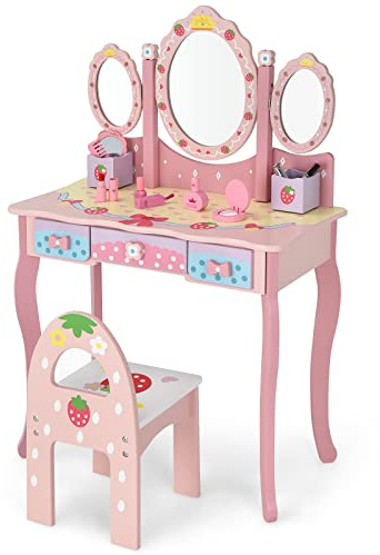 LIFEZEAL Schminktisch Kinder, Kosmetiktisch mit 3-Faltigem Spiegel, 2-in-1 Frisiertisch mit Hocker & 3 Schubladen, Make up Tisch Set für Mädchen inkl. einigen Accessoires, im Erdbeermuster, Rosa | Schminkset aus Holz mit Hocker Schreibtisch 3 Schubladen und 2 Boxen für Mädchen ab 3 Jahren