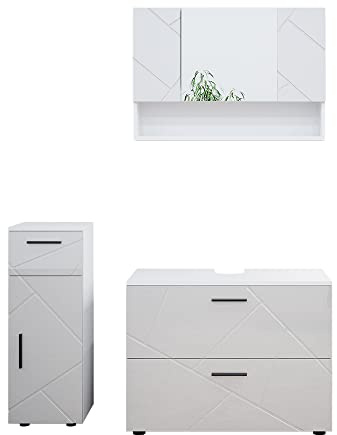 Vicco Badmöbel-Set Irma, Weiß Hochglanz, 80 cm, besteht aus Waschbeckenunterschrank, Spiegelschrank und Midischrank