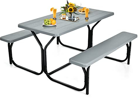 COSTWAY Öltält-set, picknickbord och 2 sittbänkar med metallram, campingbordsset, festtält-set för terrass, trädgård, pool, 137 x 150 x 72 cm (grå)