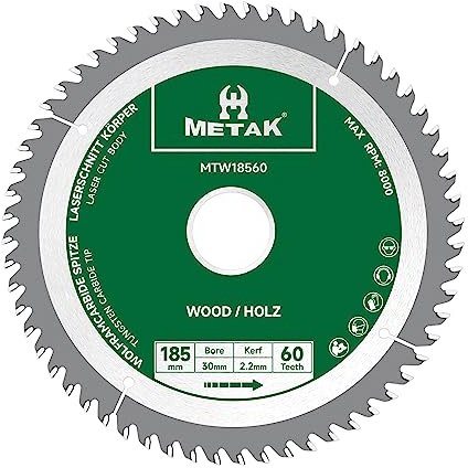 METAK HM Kreissägeblatt 185x30mm, 60 Zähne für Holz - Kompatibel mit Metabo, Bosch & vielen weiteren Marken Sägeblatt 185mm Präzise Schnitte in Holzwerkstoffen