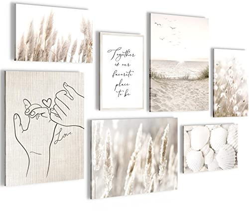 Novart Wandbilder Boho Strand - KOMPLETT AUFHÄNGFERTIG - Beige Wohnzimmer Schlafzimmer - 7 Moderne Mood-Bilder - N023371a