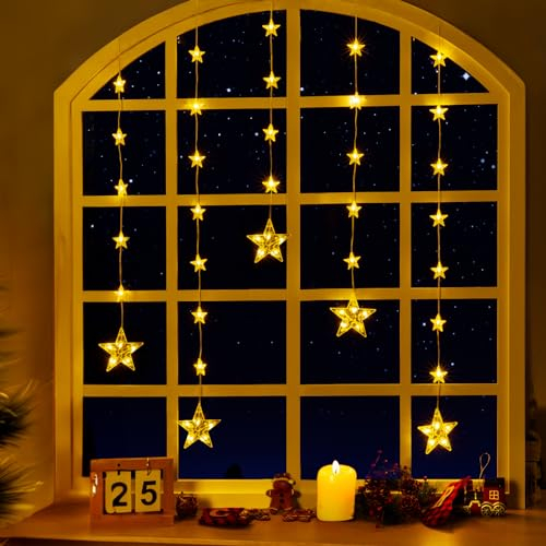 Ulinek Luces LED de Estrella para Cortina de Navidad, 52 LEDs Cadena Luces de Estrellas Decoración Navideña Impermeabilidad IP65, Luces Hada Led para Ventana Fiesta Boda Navidad Interiore Exteriore