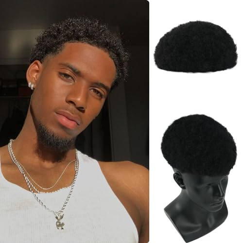 Zakya Afro Toupet Echthaar Männer, Toupet Herren,100% Echthaar Männer Ersatzsystem (4 MM Krümmung, 20 x 25 CM, Tiefschwarz 1#)