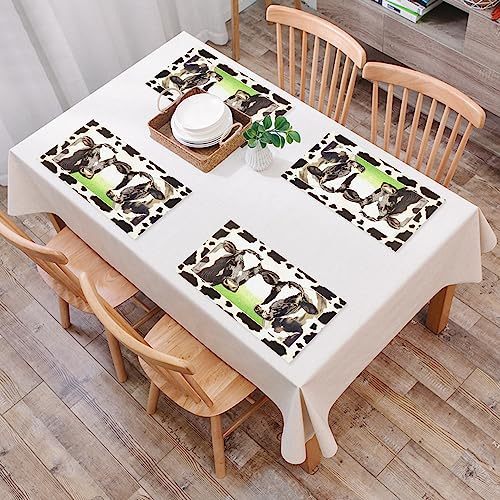 Juego de 4 Manteles Individuales,Ganado lechero Vaca lechera Verde Pastizal Blanco Negro,PVC Resistentes al Calor, Tejido fácil de Limpiar, Ideales para la Mesa del Comedor y la Cocina