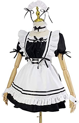Franskt hembiträde tjusigt klännings set, halloween, dam, traditionell, Alice, maskeraddräkt, 6 st i ett set inklusive klänning, förkläde, falsk krage, huvudbonad, ärm, bencirkel (svart och vit,
