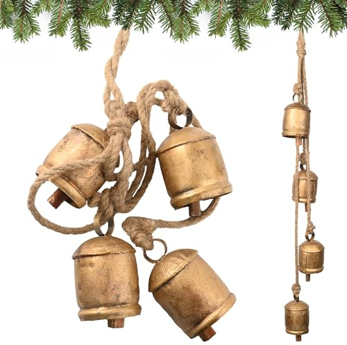 Christmas Bells - 4 Vintage Cluster Cow Bells on Rope, Hanging Decorative for Wall, Bedroom, Living Room, Door, Harmony Handmade Rustic (Gold)