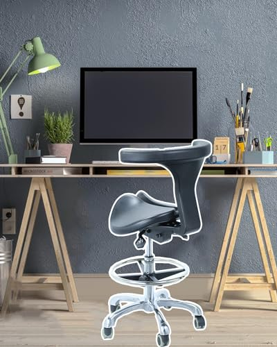 Sattelhocker Büro Stehender Arbeitshocker mit Fußstütze & Rädern, PU Leder Rückenstütze Ergonomischer Rolling -Drehstuhl, Schwarz Verstellbarer Sitz für Zuhause ( Size : 60 - 86cm (23 5/8 - 33 7/8) )