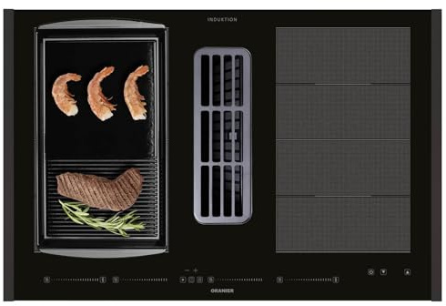 Oranier Induktionskochfeld 80 cm KFA690 - Flächen-Kochfeld Abluft-Umluft Dunstabzug Multi-Slider - Grillplatte halb-geriffelt & schwarze Seitenleisten