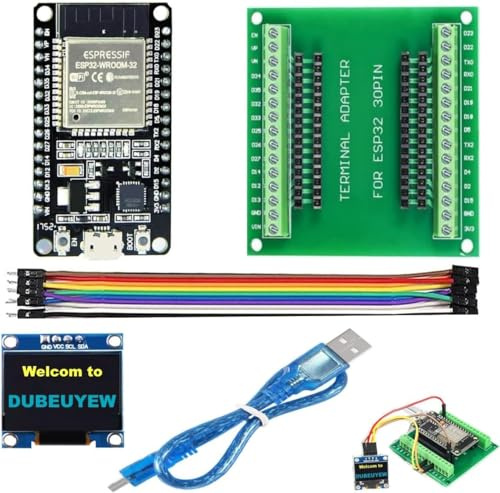 DUBEUYEW ESP32-DevKitC- V1 ESP32 Development Board 2.4GHz Dual-Mode WiFi+ Bluetooth Dual Cores Microcontroller Processor, with one Breakout Board +one Micro USB Cable + OEN 128 x 64 LED Display