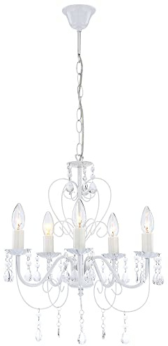 Pendelleuchte weiß Kristall Lampe Kronleuchter Wohnzimmerleuchte Deckenleuchte Hängelampe, 5-flammig hängend, 5x E14, DxH 44x129 cm