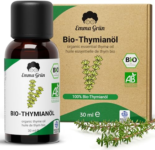 Emma Grün® Bio Thymianöl [100% Naturrein] - Ätherisches Öl 30ml - Würzig-Frisches Thymian Öl zum Einnehmen - Ätherische Öle aus Bio Thymian in LEBENSMITTELQUALITÄT - Essential Oils Aus Griechenland