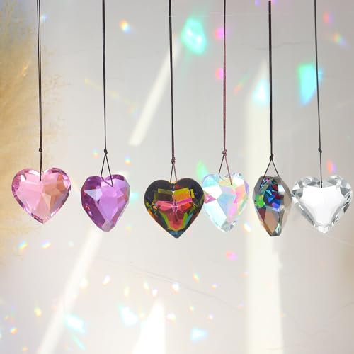 Gochoi 6 Herz-Kristall-Sonnenfänger für Innenfenster, hängender Regenbogen-Prisma-Sonnenfänger, Regenbogen-Maker für Zimmer, Garten, Balkon, Küche, Weihnachtsbaumschmuck, Heimdekoration,Heart