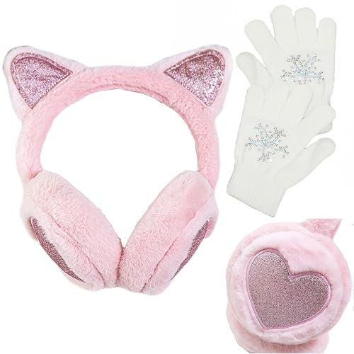 Ohrenschützer für Mädchen Mit Handschuhen Ohrenwärmer aus weichem Plüsch Ohr Fahrrad-ohrschutz Angenehmes verstellbare Ohrenschützer Stirnband Ohrenschützer Warme Ohrmanschette -Rosa