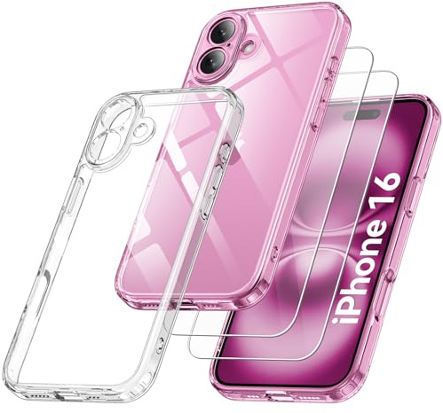 Qasyfanc Funda Compatible con iPhone 16, Carcasa con Protección de La Cámara y 2 Protector Pantalla, TPU Protección Militar Anti-Choque Funda Silicona PC Anti-Arañazos Caso, Transparent