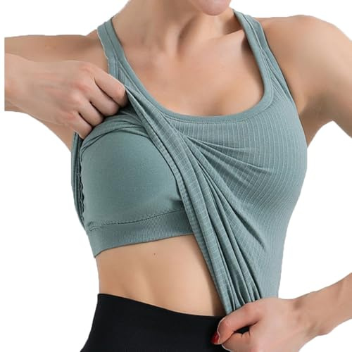 SHEKINI Damsporttopp med integrerad bh utan bygel, ärmlös, ribbad undertröja, bh-skjorta, basic, andas, fitnesströja, sommar, gym, toppar, träning, linne, yogatröja, Grön, L