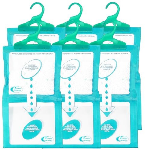 Sicignano | Set 6 Deumidificatori con Appendino 2 in 1, Anti-Umidità e Anti-Odore, Capacità 500 ml, Ideale per Armadi e Ambienti Domestici, Fragranza Muschio Bianco