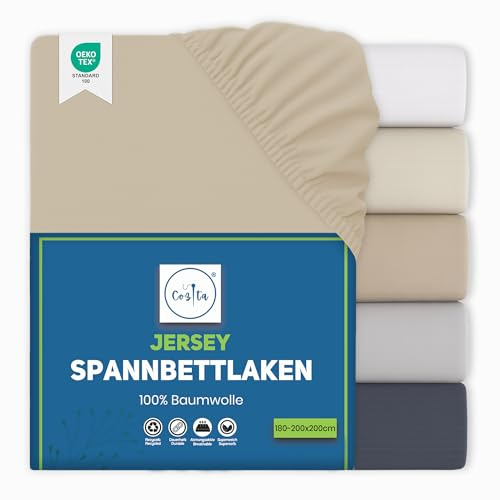 Cozita Basics resårlakan 180 x 200 cm – 100 % bomullsjersey lakan, Öko-Tex certifierad, upp till 25 cm madrasshöjd – beige