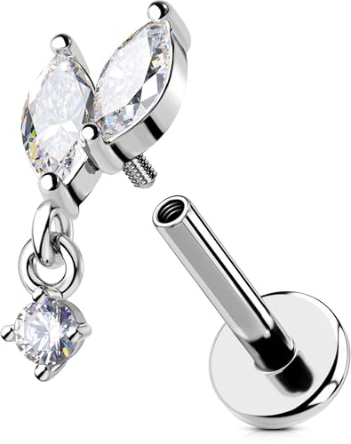 OUFER Foglia Piercing Trago 16G Piercing Helix Acciaio Chirurgico Filettato Interno Piercing Conch CZ Trasparente Labret Stud 8 mm Orecchino Cartilagine Donne