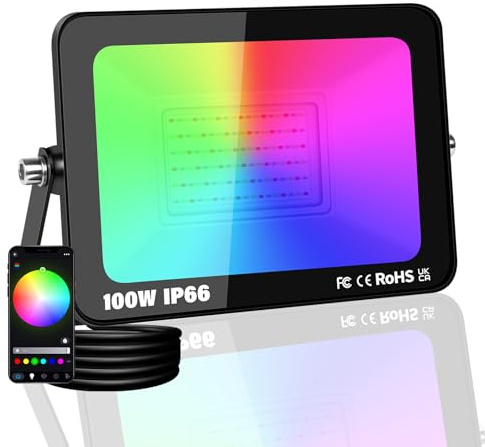 PICAA 1 pcs Projecteur LED Extérieur Sans fil RGB 100W 10000LM, Multicolore | 16M couleurs, Contrôle App, Musique, Modes, IP66 étanche - Pour jardin, terrasse, disco, soirées, scène, Déco - Prise UE