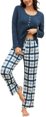 TeJoyce Pyjama Femme Coton Hiver, Ensemble De Pyjamas Femme Vêtements Nuit Manches Longues avec Boutons et Pantalon à Carreaux avec Poches, Doux et Confortable pour la Maison S-XXL