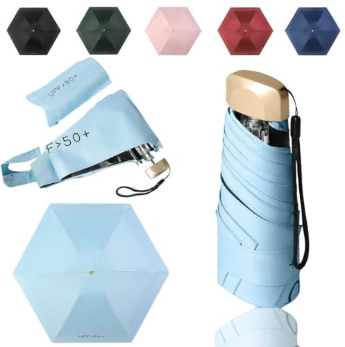 Tirimbeles® Paraguas Plegable Mini | Mini Paraguas Plegable de Viaje Compacto y Ligero | Sombrilla Plegable Protección UV 50+ | Funda de Tela | Ideal Lluvia y Sol en Viajes o Vacaciones (Turquesa)