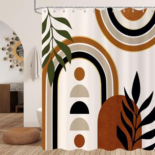 GCIREC Duschdraperi, 180 x 200 cm, terrakotta vit Mid Century modern abstrakt konst boho geometrisk vattentätt tyg maskintvättbar badrumsgardin med krok
